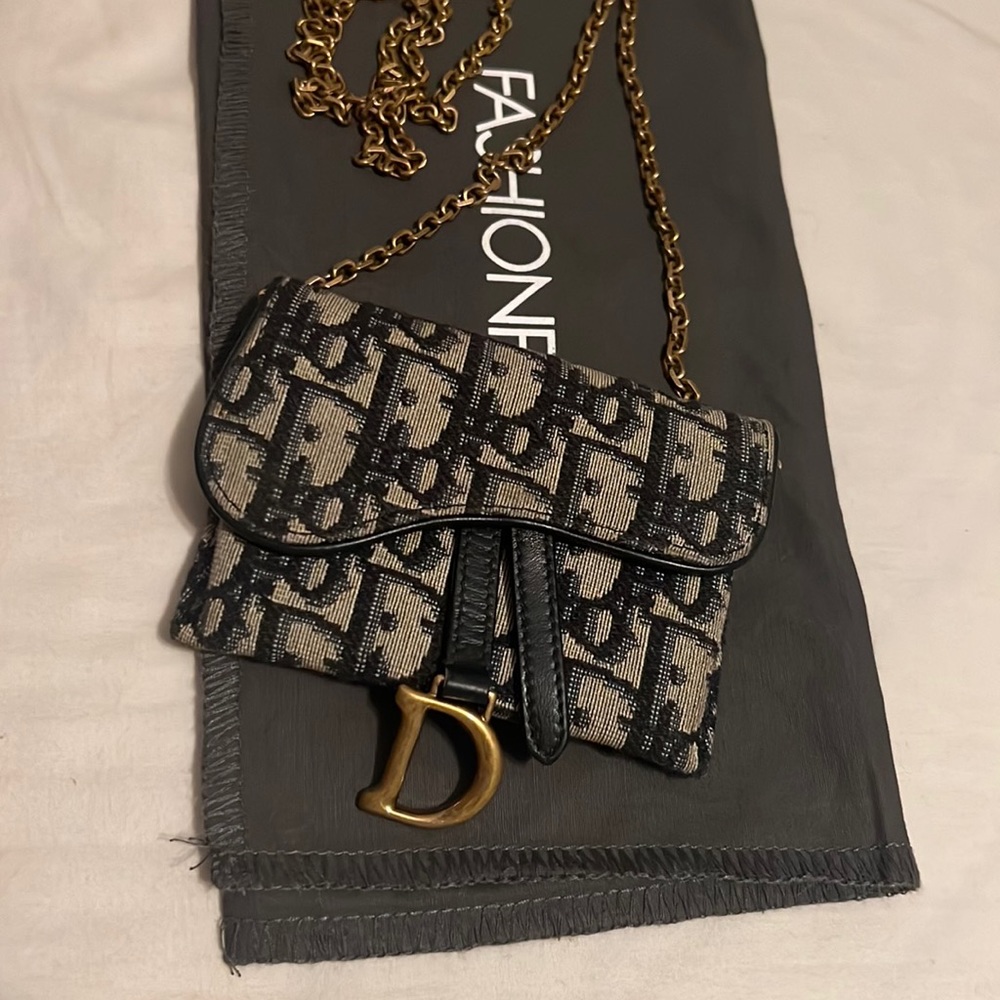 CHRISTIAN DIOR Oblique Nano Saddle Chain Pouch Blue